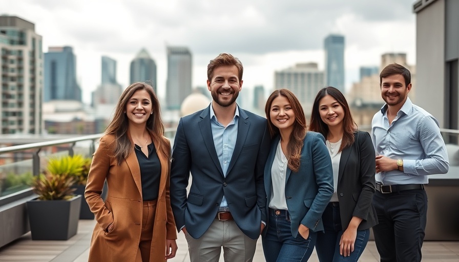 Young professionals on a rooftop with city view, business startup funding.