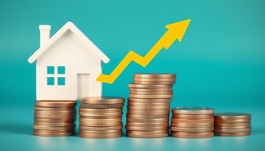 Stacked coins and house model with arrow symbolizing mortgage refinancing.