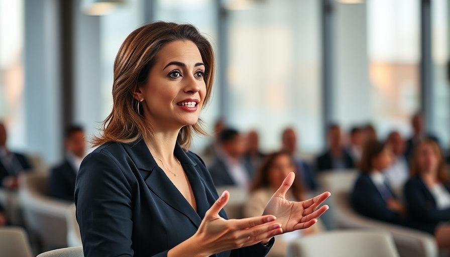 Confident woman speaking passionately about business startup tips at a conference.