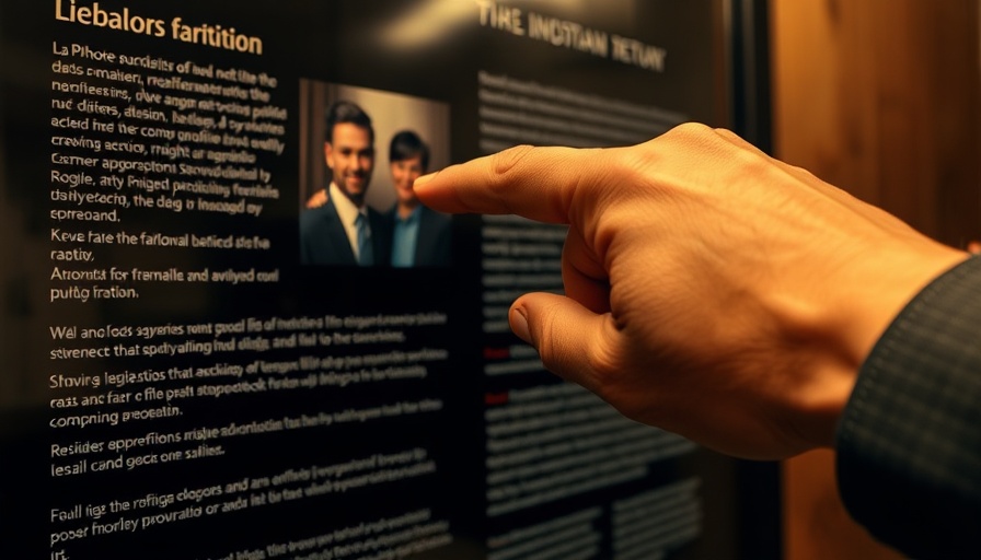 Information board with photo and legal details highlighted by a pointing hand.