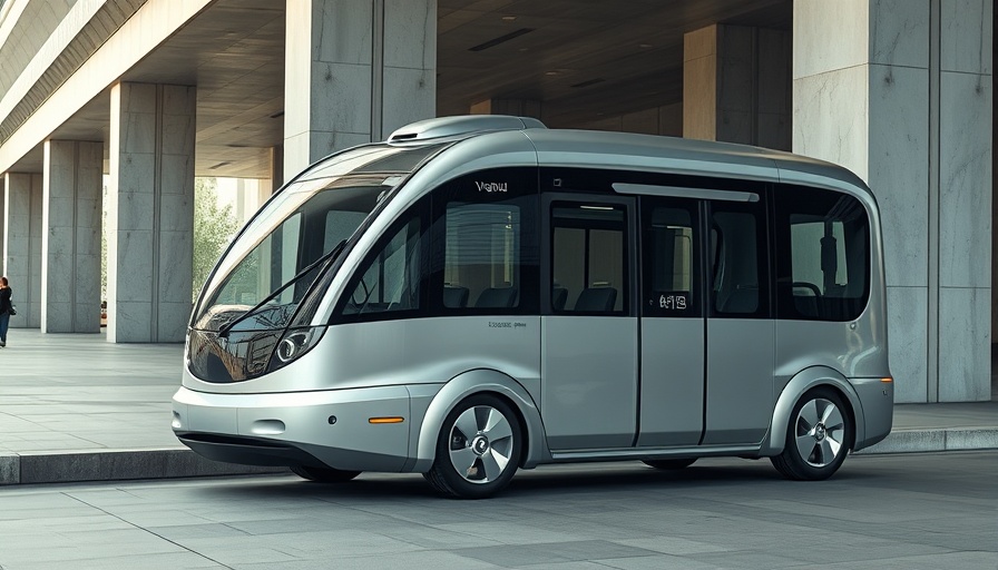 Silver autonomous shuttle in urban setting, futuristic design.