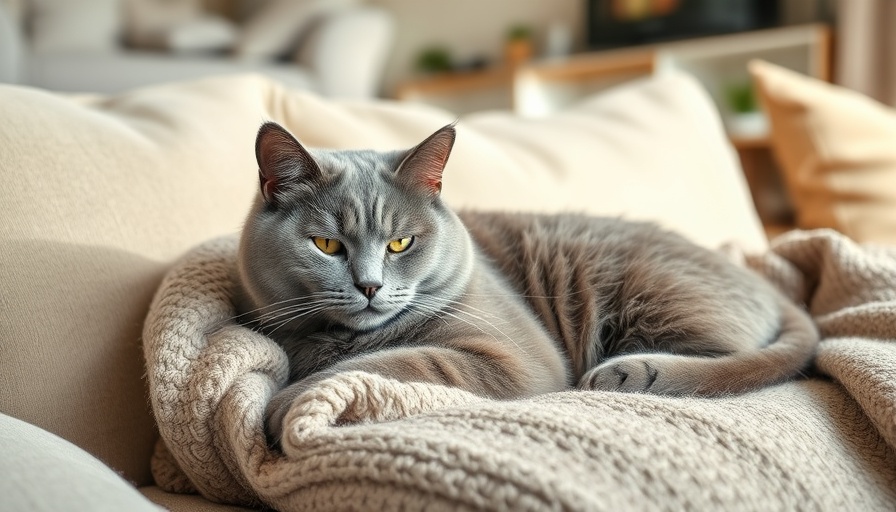 Calm grey cat resting on a sofa with text '200 girl cat names'.