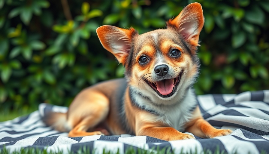 Playful small dog with text '200 girl dog names', outdoors on blanket.