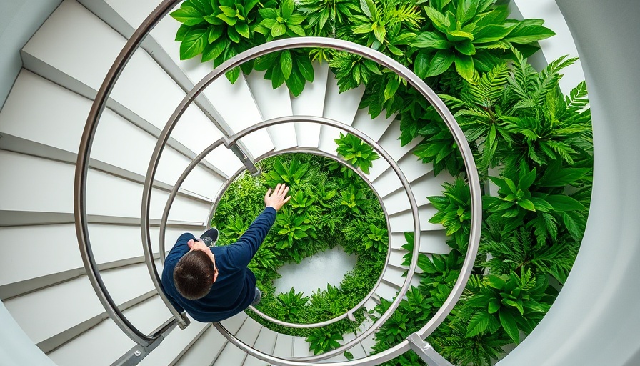 Overhead view of spiral staircase with greenery and person reaching