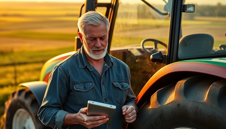 Farmer with tablet by tractor on farmland, types of business loans concept.