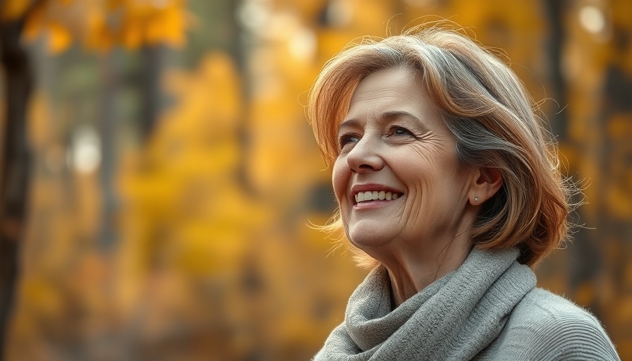 Contemplative woman in autumn forest considering retirement at 55.