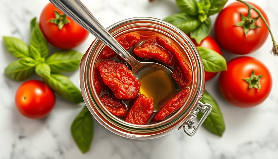 Sun-dried tomatoes recipe with jar, spoon, and fresh basil.