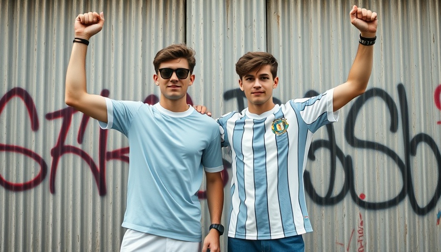 Young men in vintage sportswear near graffiti wall in urban setting