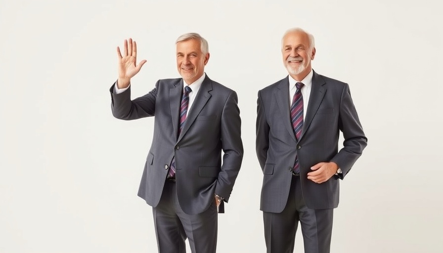 Two senior men in suits, one waving gently, representing diplomacy.