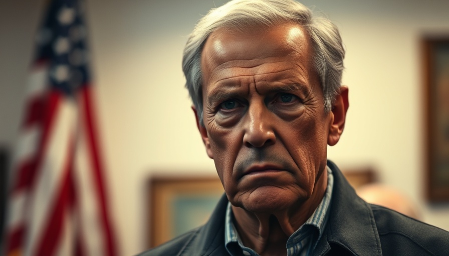 Serious man with intense gaze in front of a blurred person.