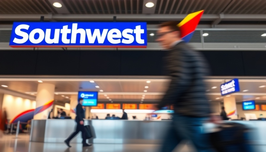 Southwest Airlines sign with blurred pedestrian in airport.