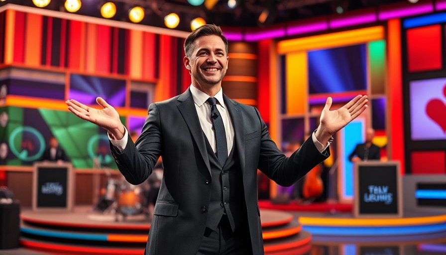 Man on vibrant talk show set, expressive gesture, Paramount FCC Approval.