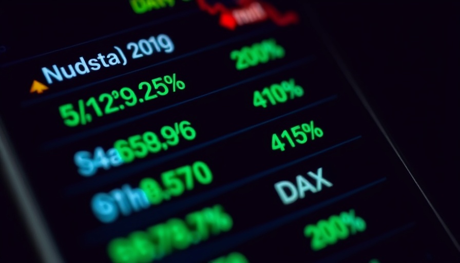 Smartphone screen displaying stock indices with green positive changes.