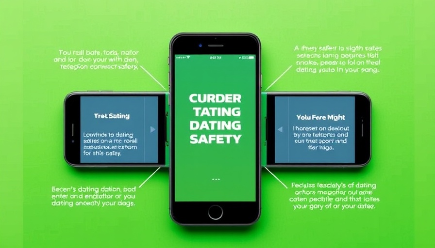 Dating safety app functions displayed on smartphones against a green background.