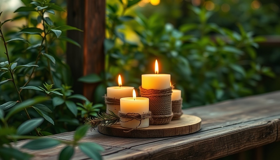Rustic DIY citronella candles glowing on a wooden step in a garden.