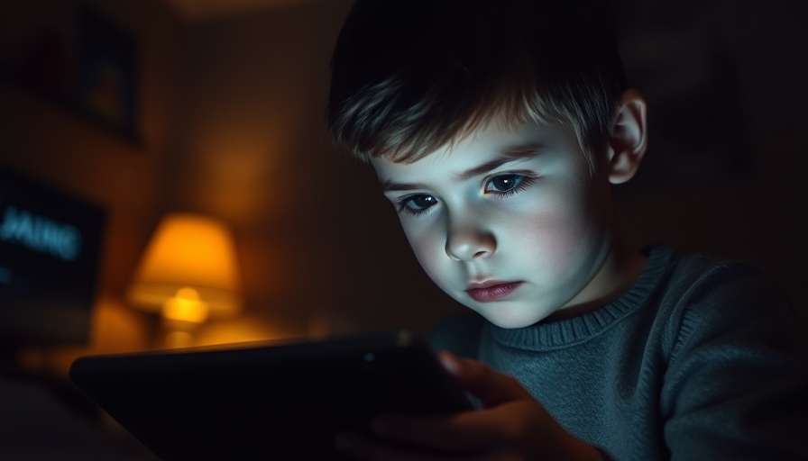 Young boy using a tablet in dim lighting, U.K. online age check enforcement.
