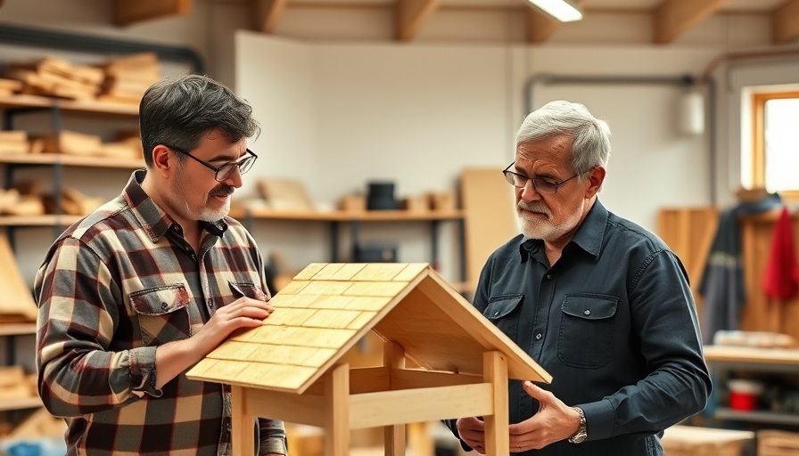 Men discussing roof model, focusing on roof damage repair, educational setup.