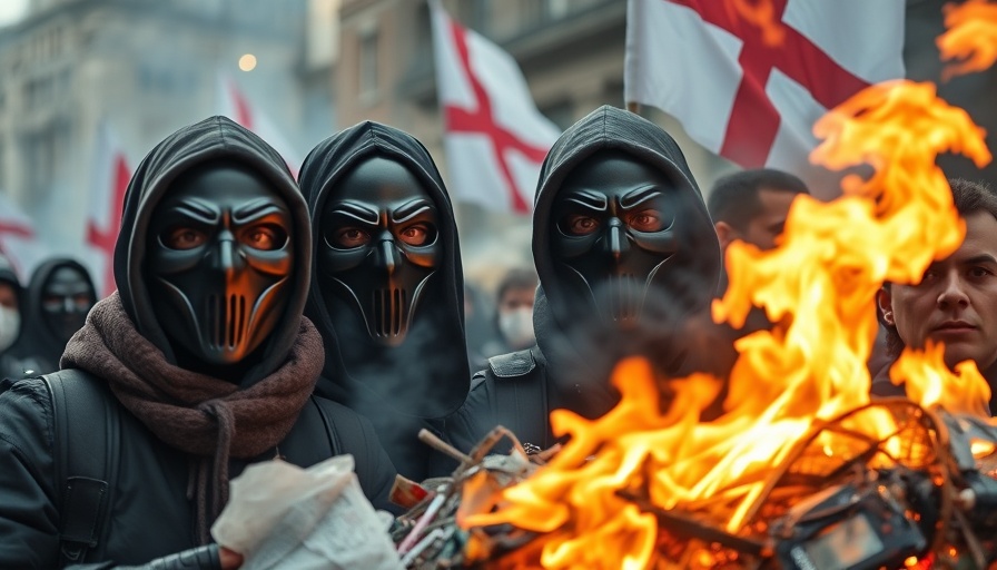 Anti-immigration riots UK with masked protesters and fire.
