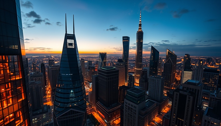 Modern cityscape at night highlighting UK economic stagnation.
