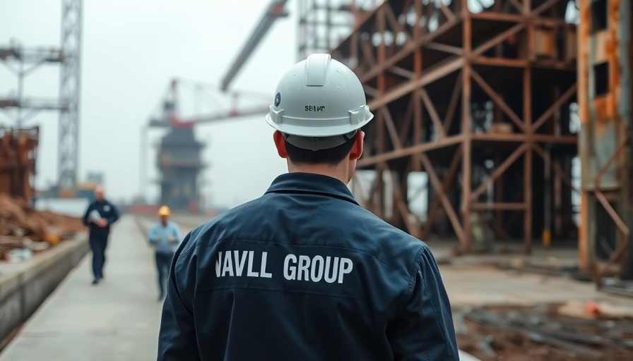 Naval Group worker observing construction site, indicating a cybersecurity leak scenario.