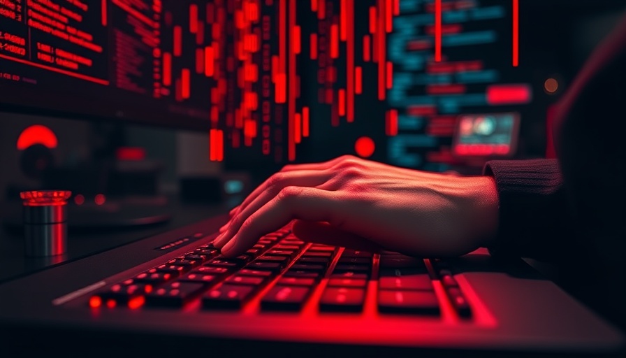 Cybersecurity threat concept with hands typing and binary code overlay.