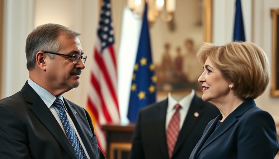 Senior officials discussing US-EU Trade Deal with flags in the background.
