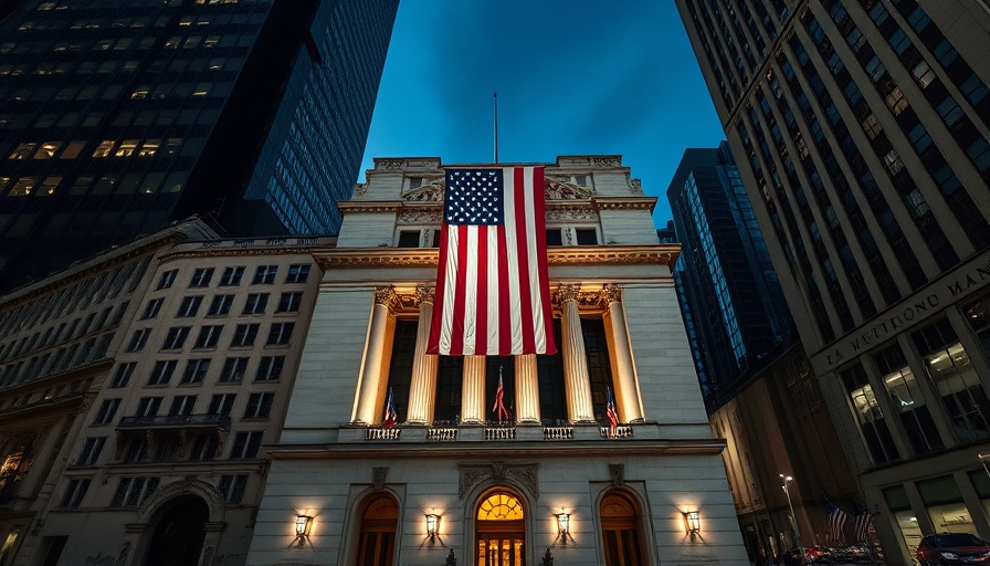 Illuminated grand building with large American flag, U.S. market foreign investments.