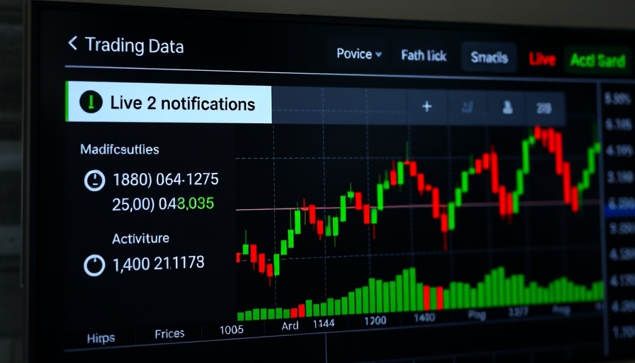 Stock trading app interface with candlestick chart and notifications.