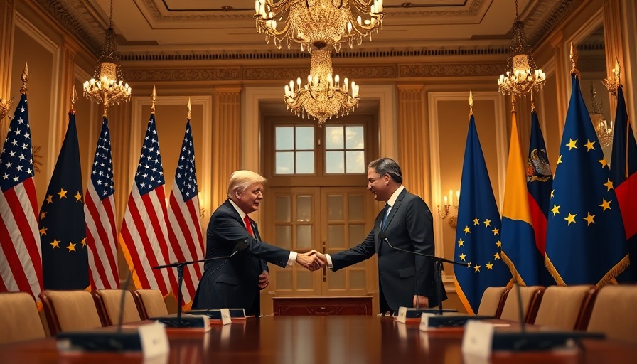 US and EU trade agreement handshake in formal setting with flags.