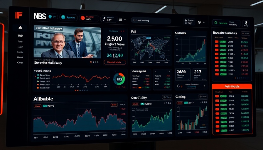 Digital financial news dashboard with stock updates and headlines.