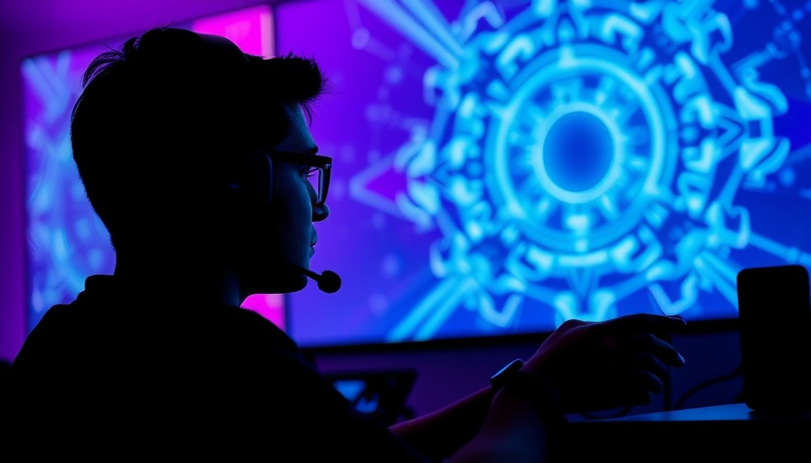 Silhouetted gamer immersed in digital screen, Futuristic gaming scene.