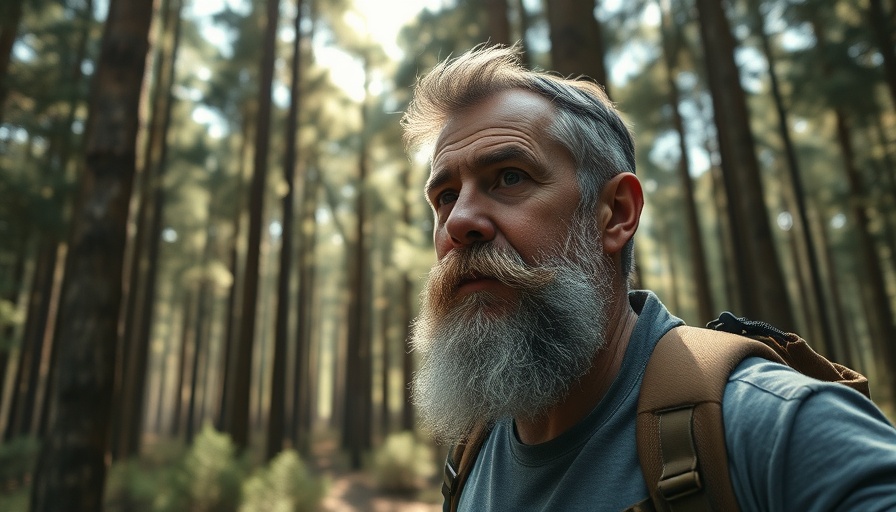 Mature man hiking in forest, related to senior living communities.