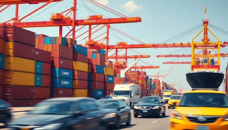 Shipping port with containers and moving cars, illustrating tariffs' impact.