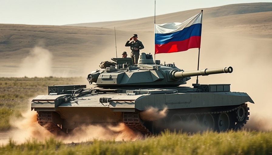 Russian tank in action with flag during military exercise.