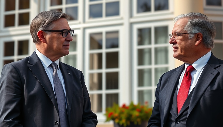 Men in discussion outside a building, highlighting negotiation.