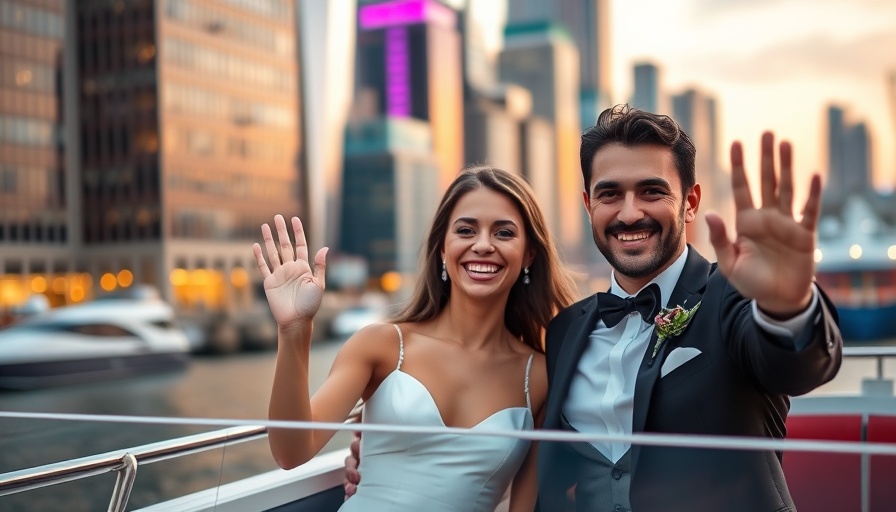 Smiling couple on boat in vibrant city, wearing elegant attire.
