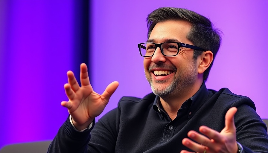 Smiling man with glasses presenting, purple backdrop, dynamic hand gesture.