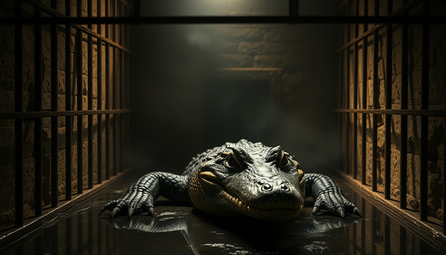 Alligator in Alcatraz-themed detention center cell, intense gaze, dim lighting.
