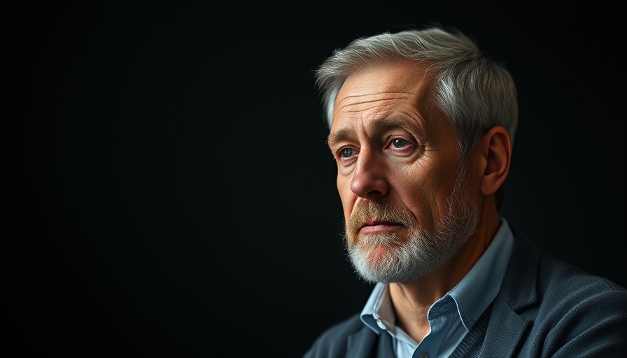 Middle-aged man discussing innovation in dark setting.