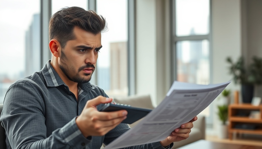 Frustrated home buyer reviewing finances in modern apartment.