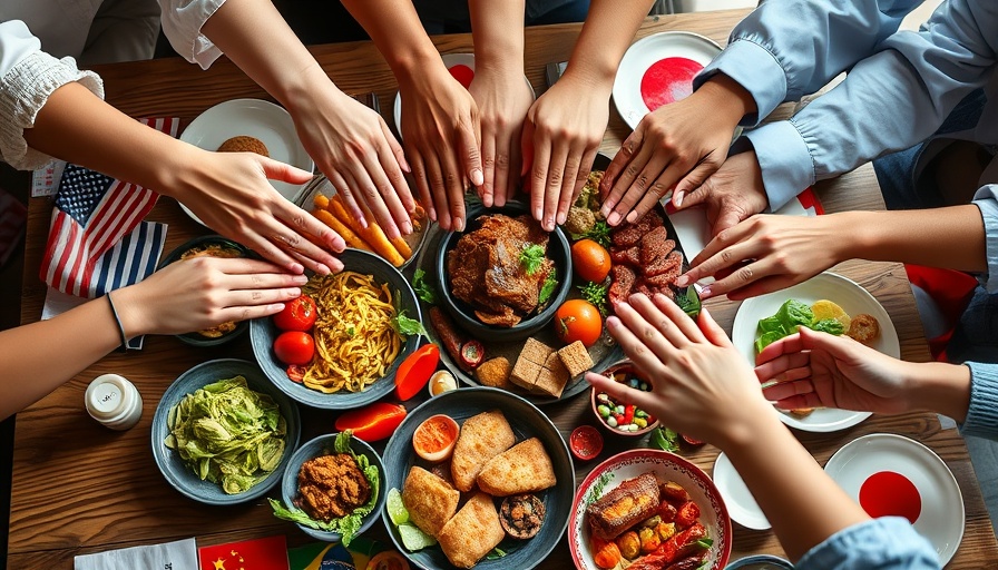 Cultural Differences in the Workplace represented by diverse hands over international dishes.