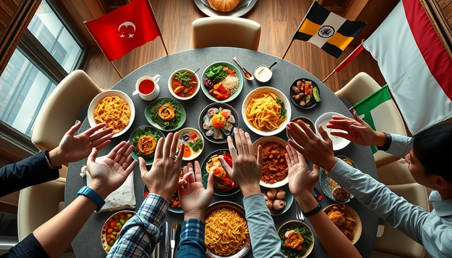 Illustration of diverse cultural foods and flags representing workplace cultural differences.