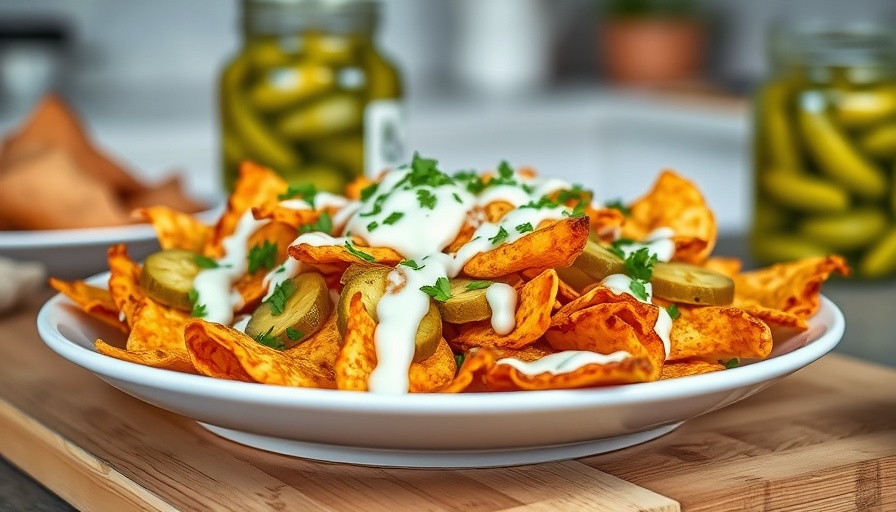 Delicious dill pickle nachos topped with drizzled sauce in a kitchen setting.