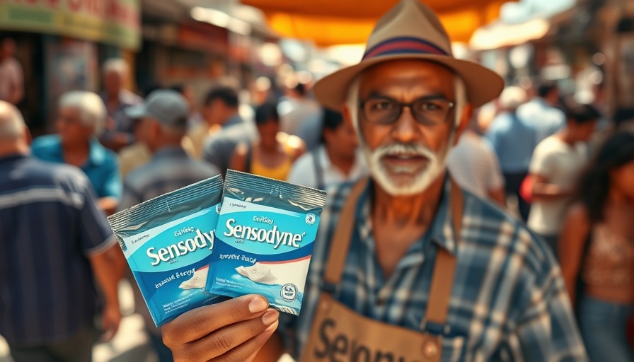 Street vendor showcasing Sensodyne packs at a busy market.