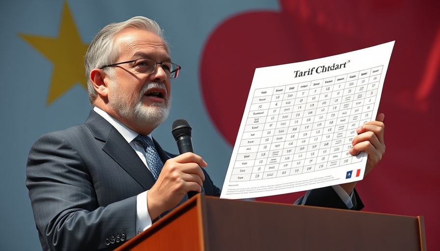 Public figure presenting tariff chart, Trump's influence on the stock market backdrop.