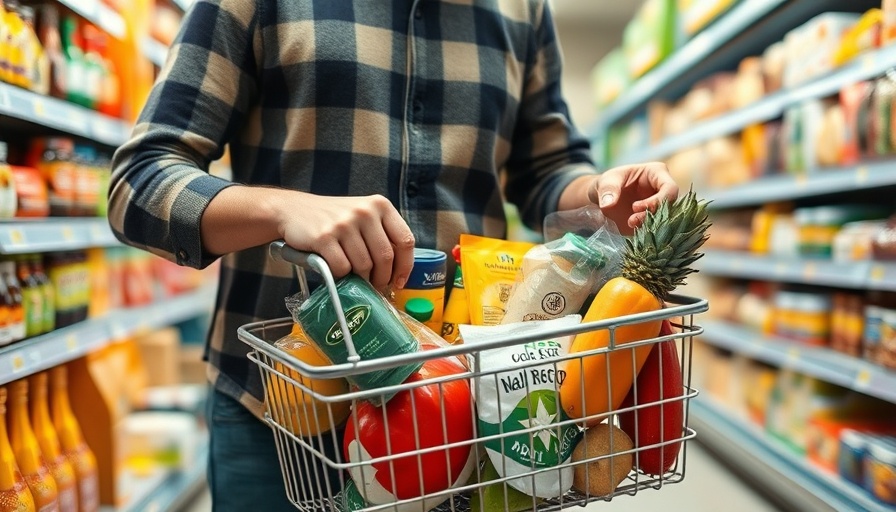 Shopper with grocery basket amidst UK food inflation concerns.