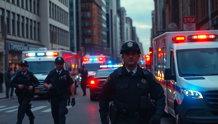 Emergency responders addressing incident in urban area; Gun Violence Impact on Local Businesses.