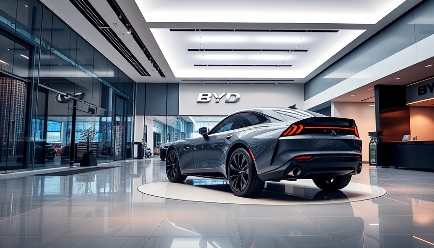 Brightly lit BYD showroom showcasing sleek car display reflecting urban sophistication.