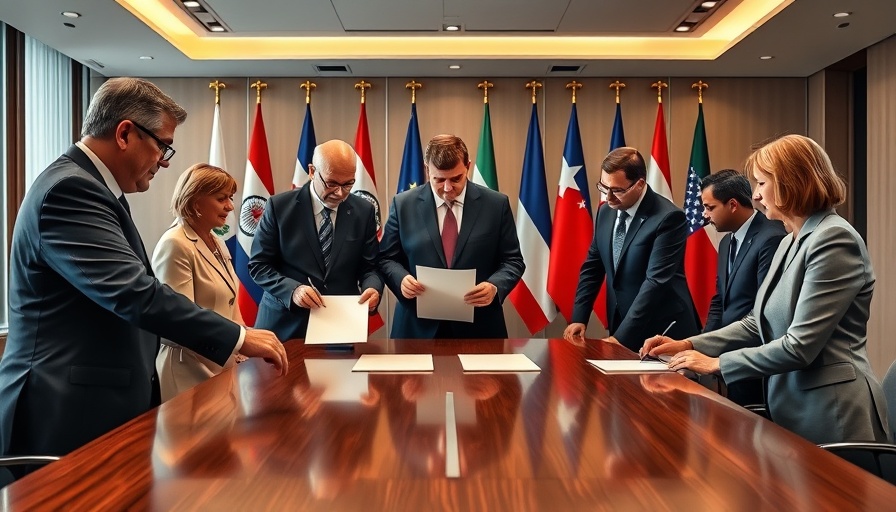 Imaginary leaders signing an international trade deal in a modern conference room.