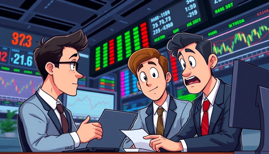 Cartoon of businessmen analyzing stock market data, stock market news.